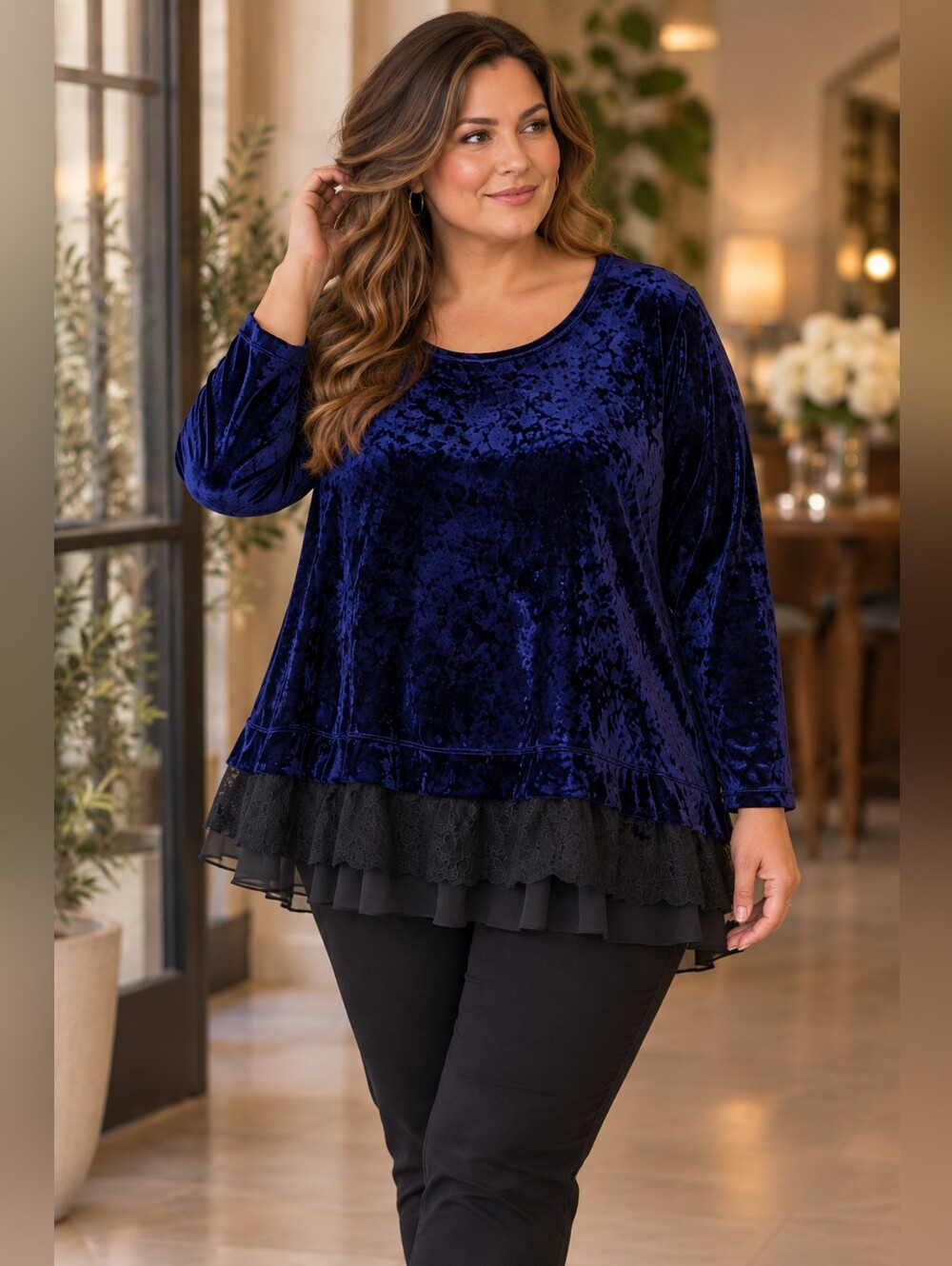 Karen Kane Plus 1X Blue Crushed Velvet Lace Ruffle Tunic Top Whimsigoth USA